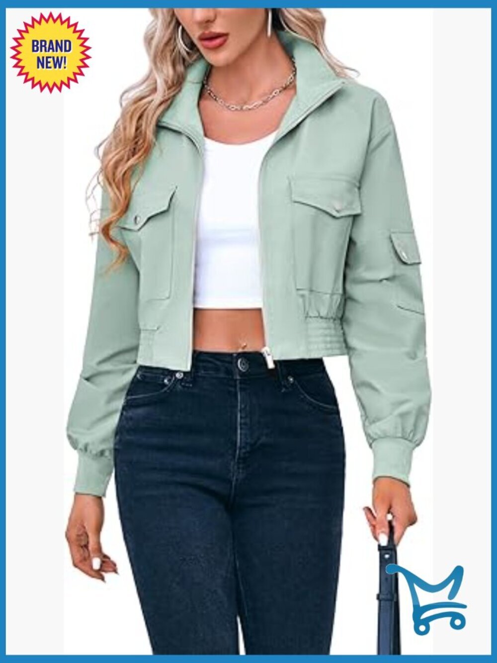 Cropped Bomber Jacket Lightweight Zip Up Stand Collar Long Sleeve Pockets